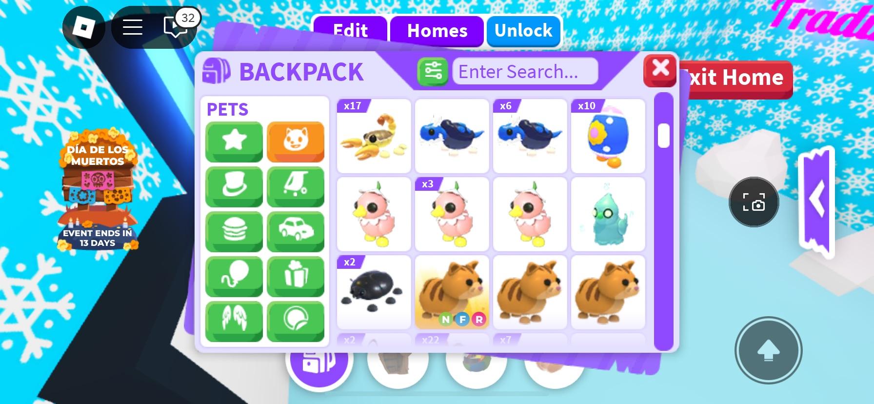 Adopt Me! backpack menu showing virtual pets including a capybara, corgi, cats, and puppies