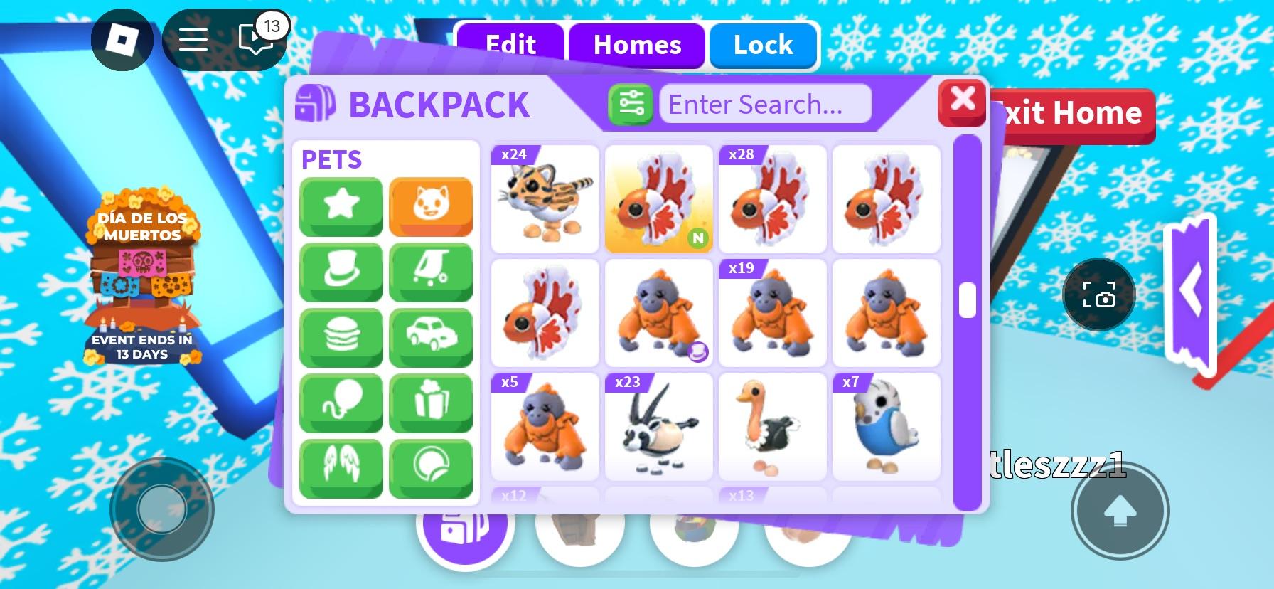 Adopt Me! backpack menu showing virtual pets including a capybara, corgi, cats, and puppies