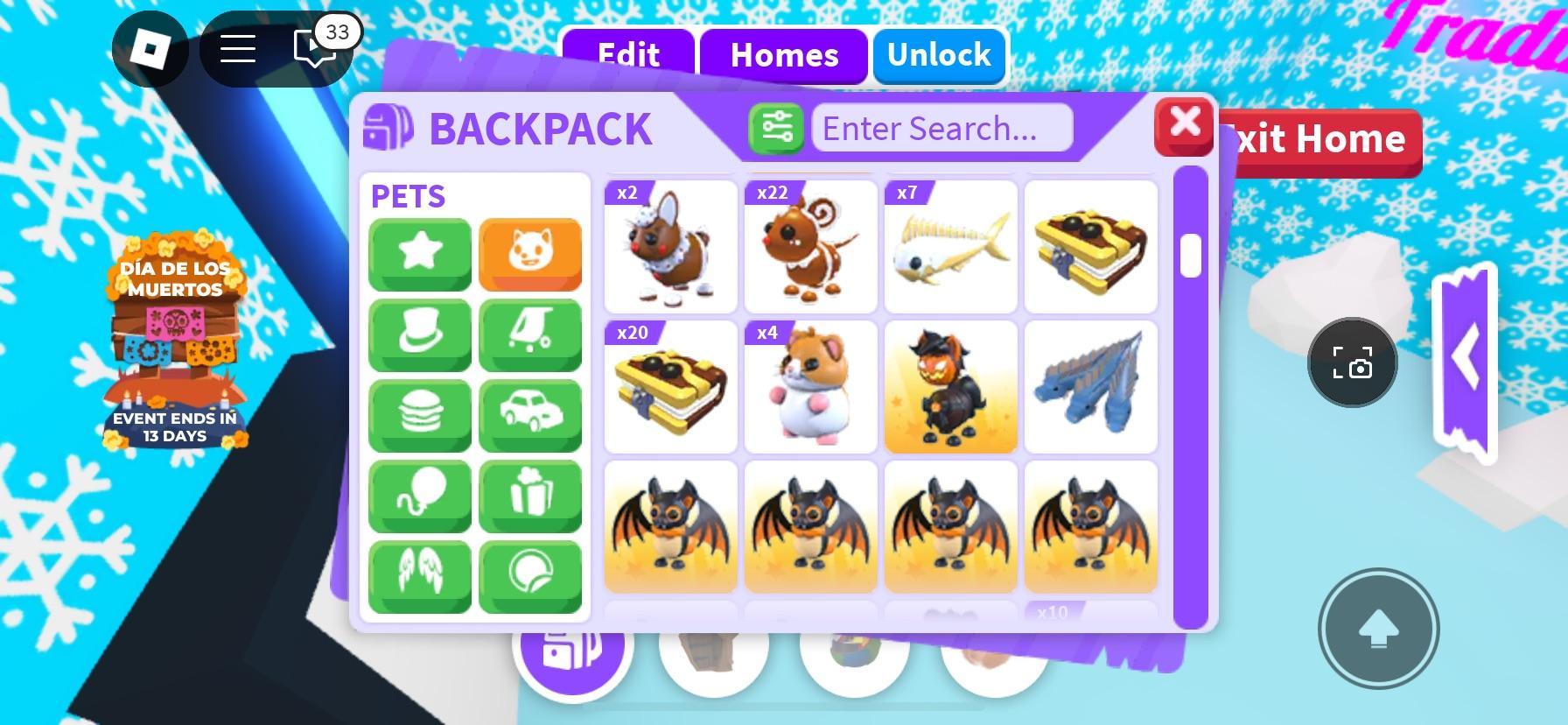 Adopt Me! backpack menu showing virtual pets including a capybara, corgi, cats, and puppies