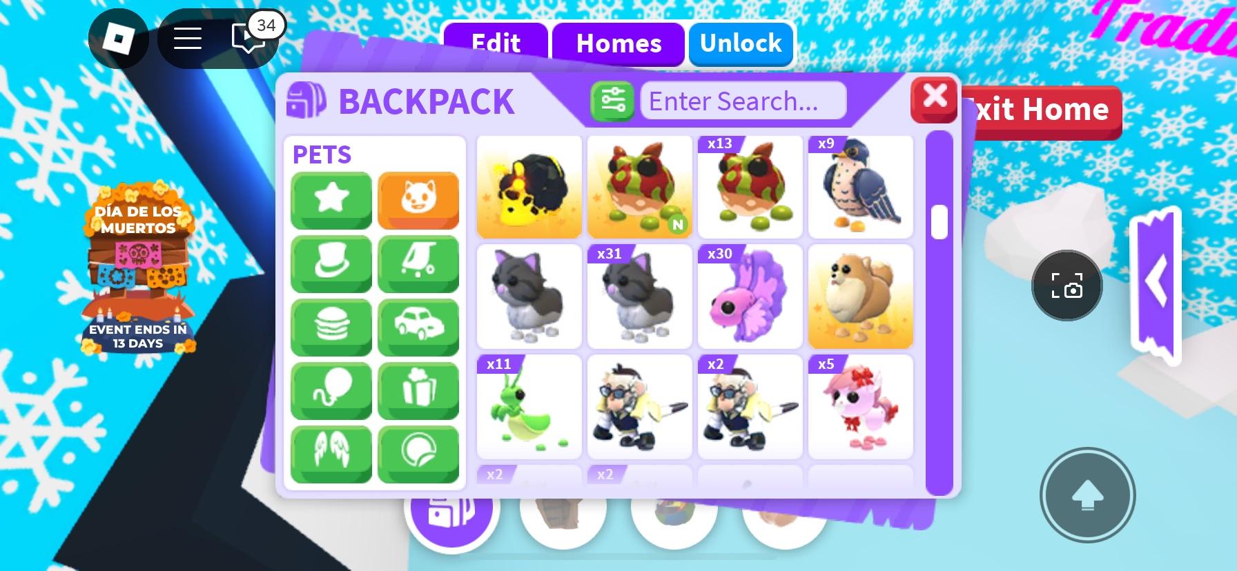 Adopt Me! backpack menu showing virtual pets including a capybara, corgi, cats, and puppies