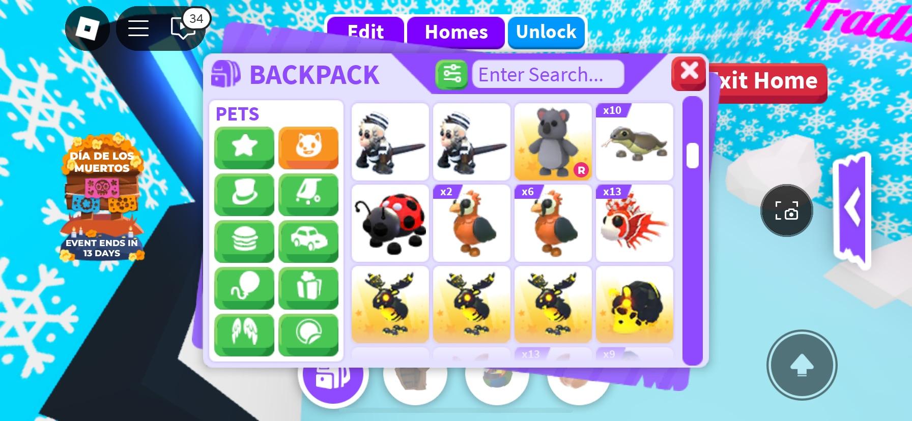 Adopt Me! backpack menu showing virtual pets including a capybara, corgi, cats, and puppies
