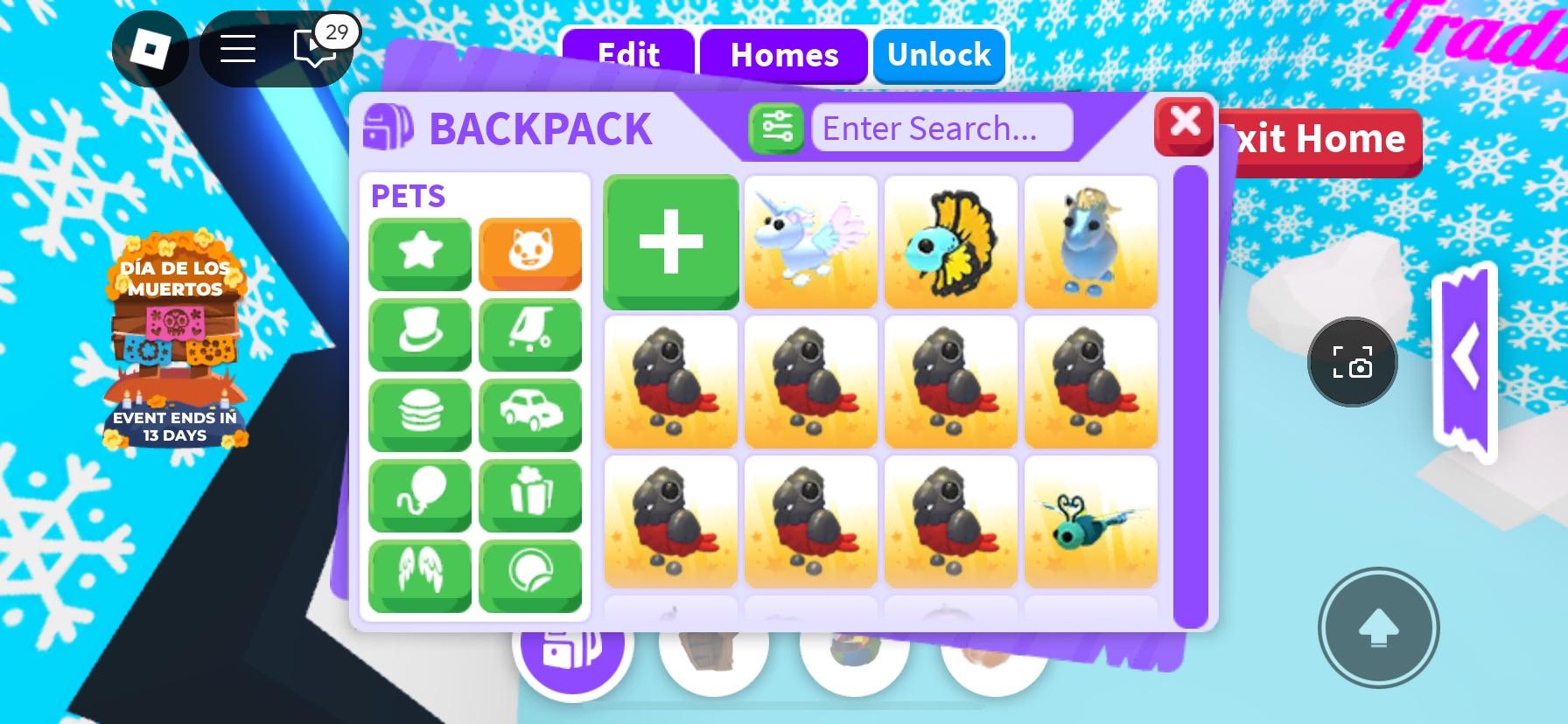 Adopt Me! backpack menu showing virtual pets including a capybara, corgi, cats, and puppies