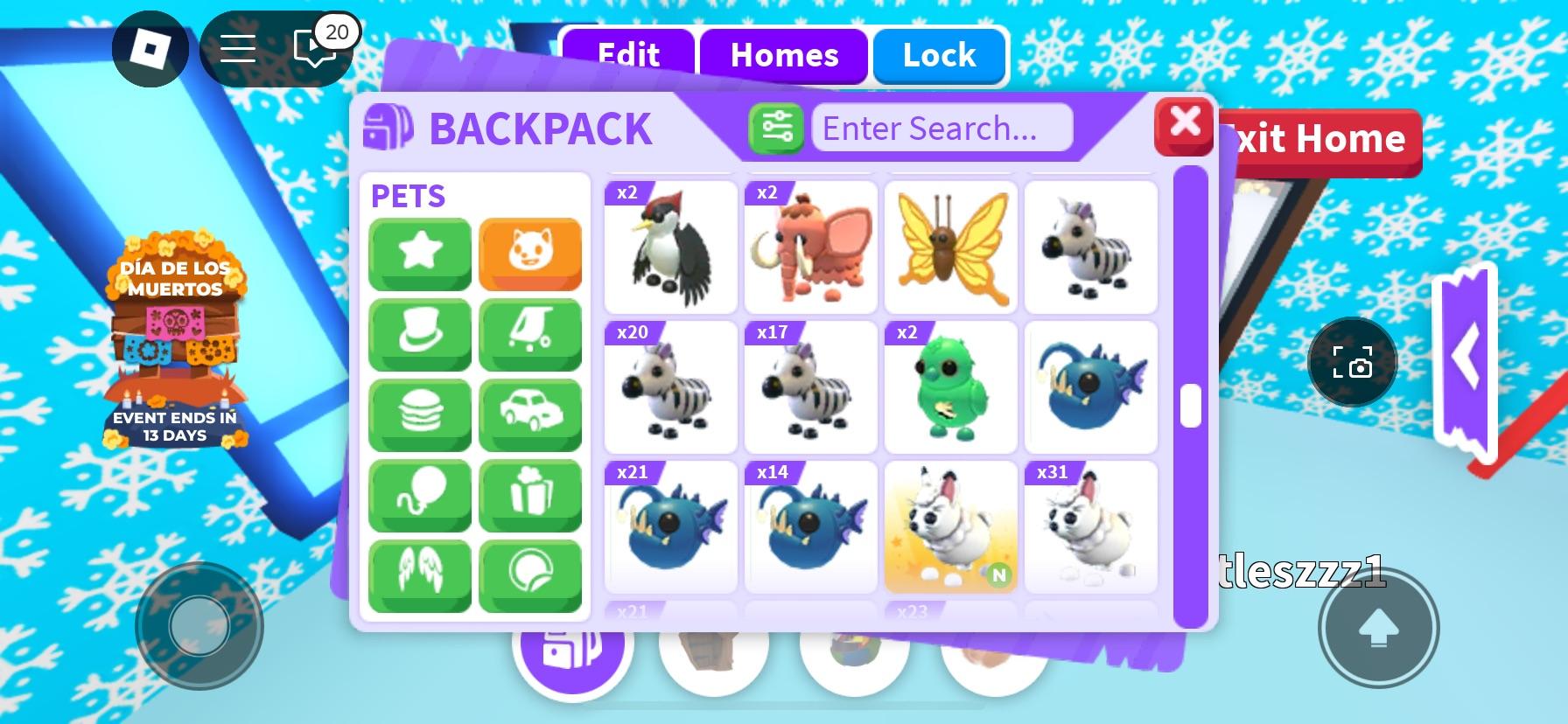 Adopt Me! backpack menu showing virtual pets including a capybara, corgi, cats, and puppies