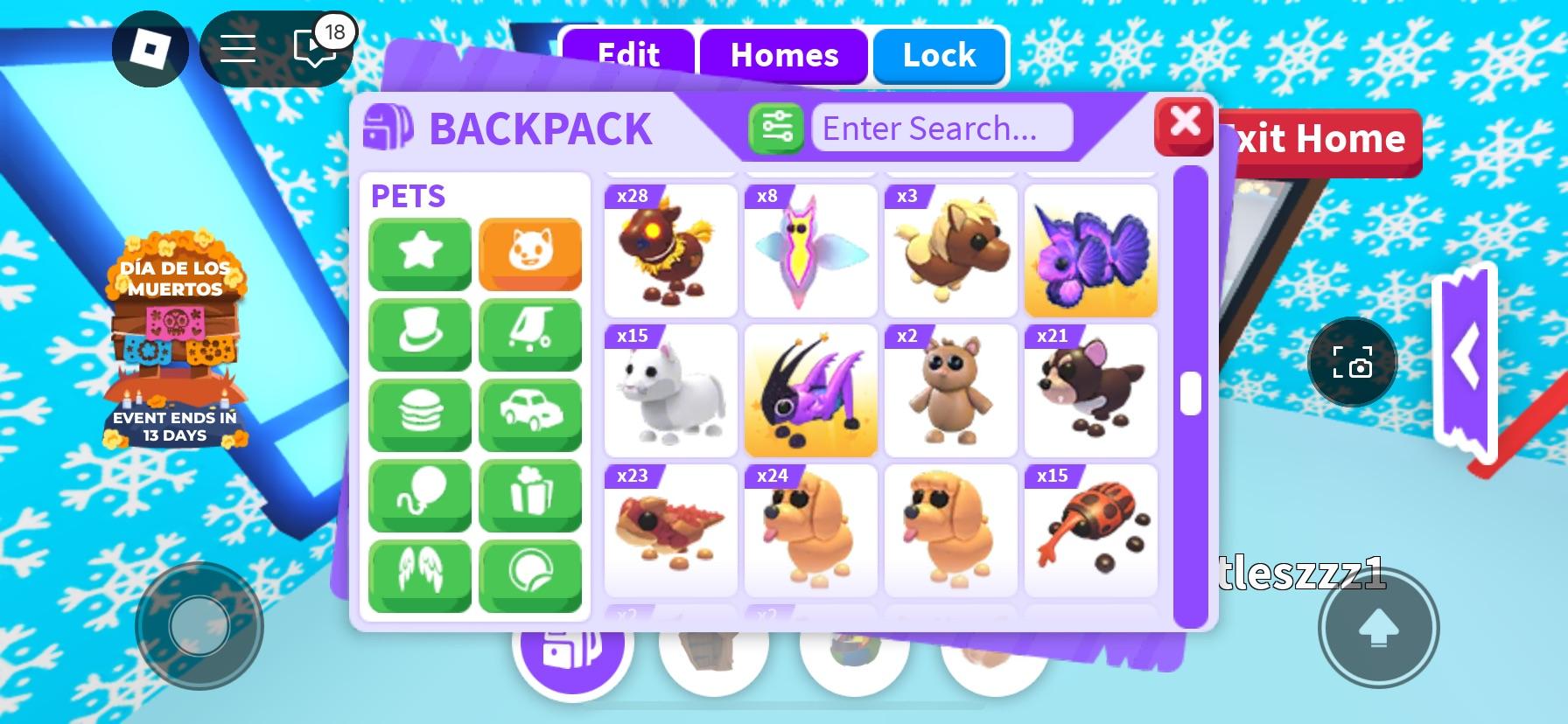 Adopt Me! backpack menu showing virtual pets including a capybara, corgi, cats, and puppies