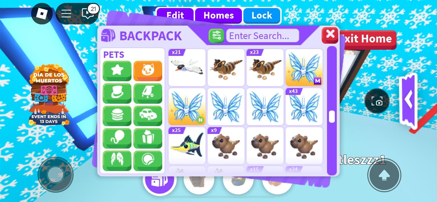 Adopt Me! backpack menu showing virtual pets including a capybara, corgi, cats, and puppies