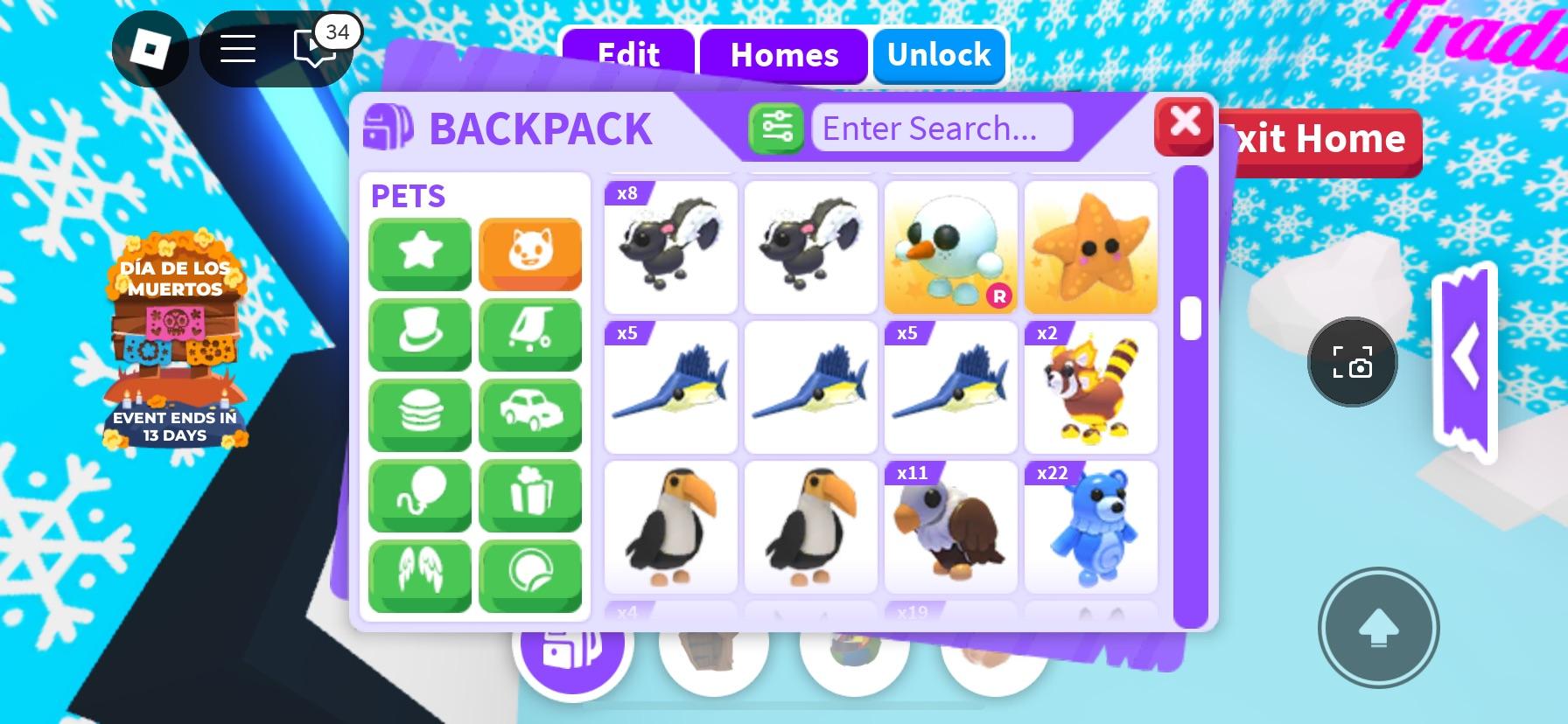 Adopt Me! backpack menu showing virtual pets including a capybara, corgi, cats, and puppies