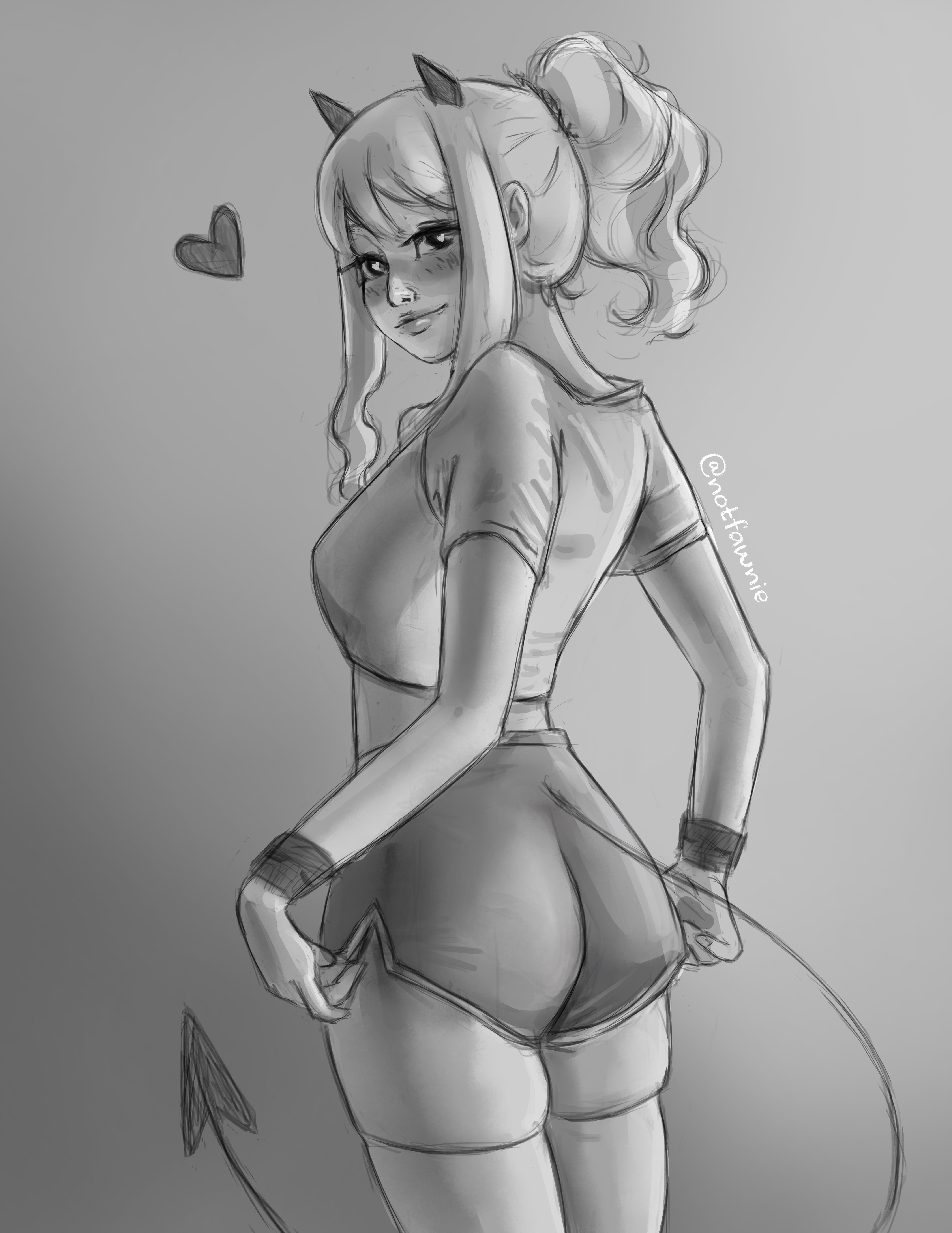 Anime art sketch of Modeus from Helltaker, a curvy pale woman with blonde ponytail, horns, and a tail in a crop top.