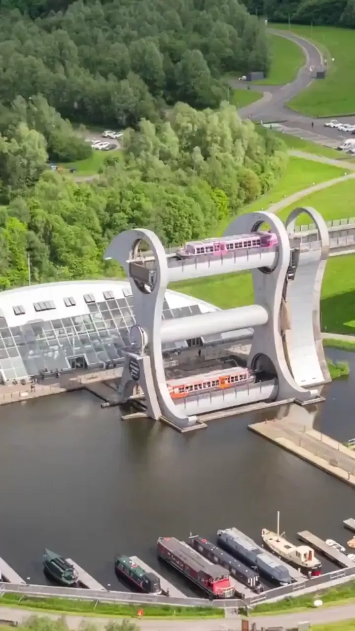 The Falkirk wheel in Scotland is the world's first and only rotating boat lift: it links the Forth and Clyde Canal to the Union Canal.