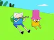 A white character playing a flute and a yellow dog-like character in a pink top hat on a grassy hill.