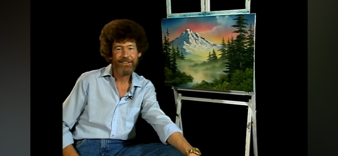 The last image of Bob Ross, seen at the end of the first episode of The Adventures of Elmer and Friends (1996), filmed a few months before his death in 1995.