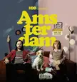 HBO Original Amsterdam promotional image with a woman, man, and dog on a red sofa with an acoustic guitar