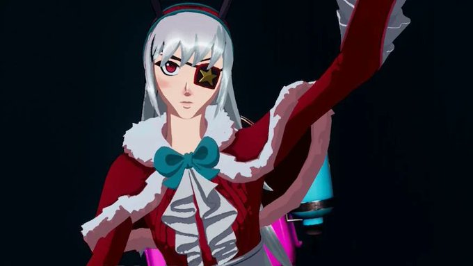Albedo from Overlord in red and white festive dresses with eyepatches