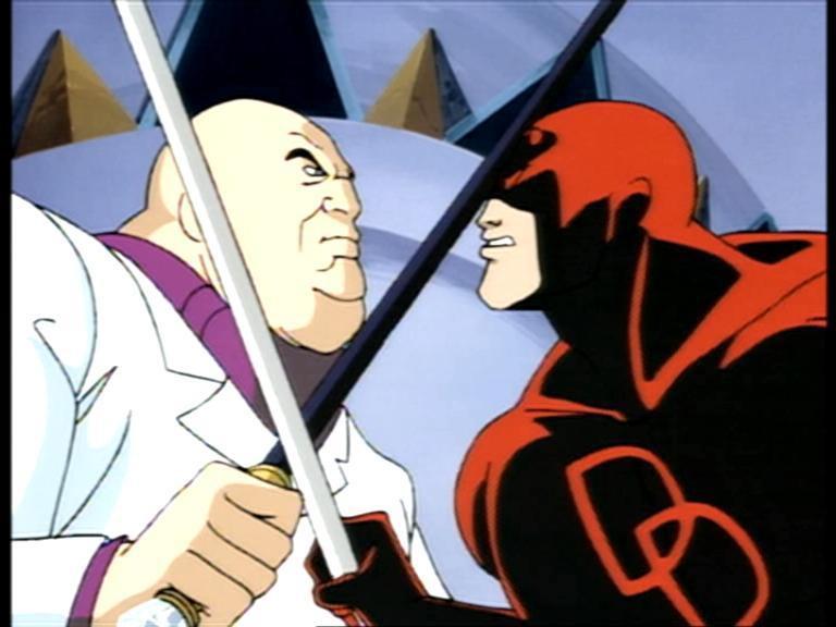 Daredevil cartoon concept art featuring characters in costumes and swords in urban environments
