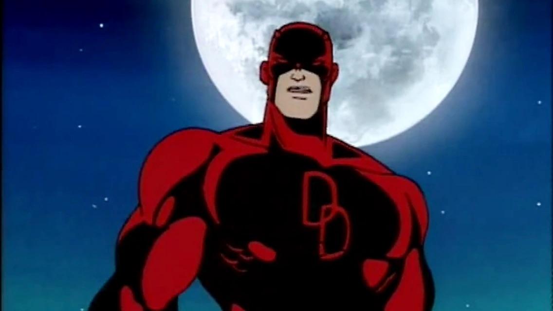 Daredevil cartoon concept art featuring characters in costumes and swords in urban environments
