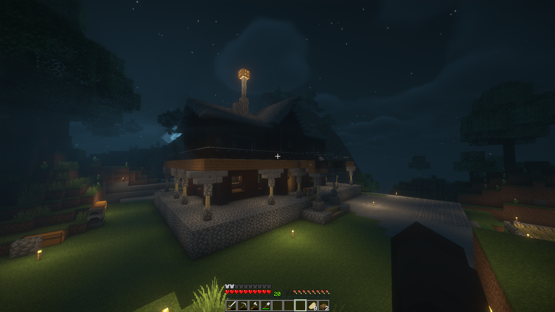Minecraft player character in a white and purple outfit standing before a cute wooden house build
