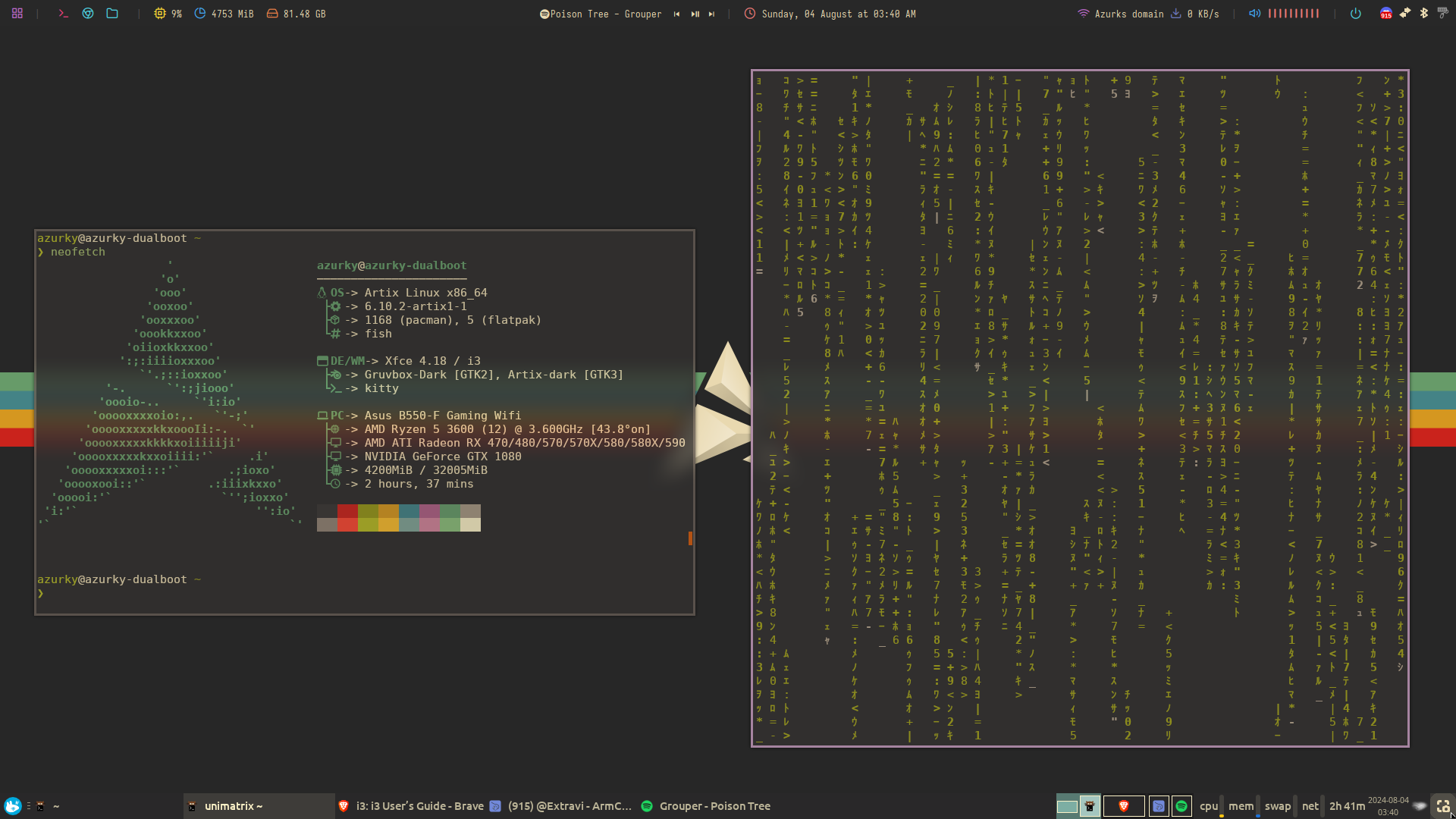 Xfce desktop with Gruvbox theme, i3 window manager, and a terminal showing neofetch and unimatrix digital rain