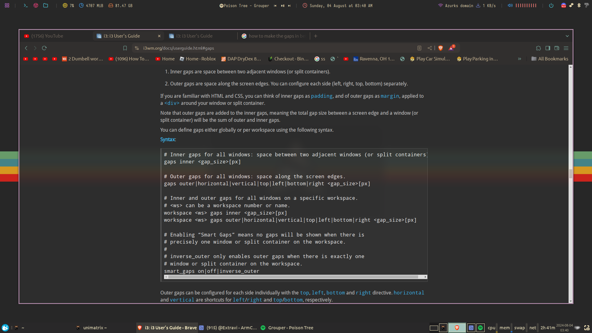 Xfce desktop with Gruvbox theme, i3 window manager, and a terminal showing neofetch and unimatrix digital rain
