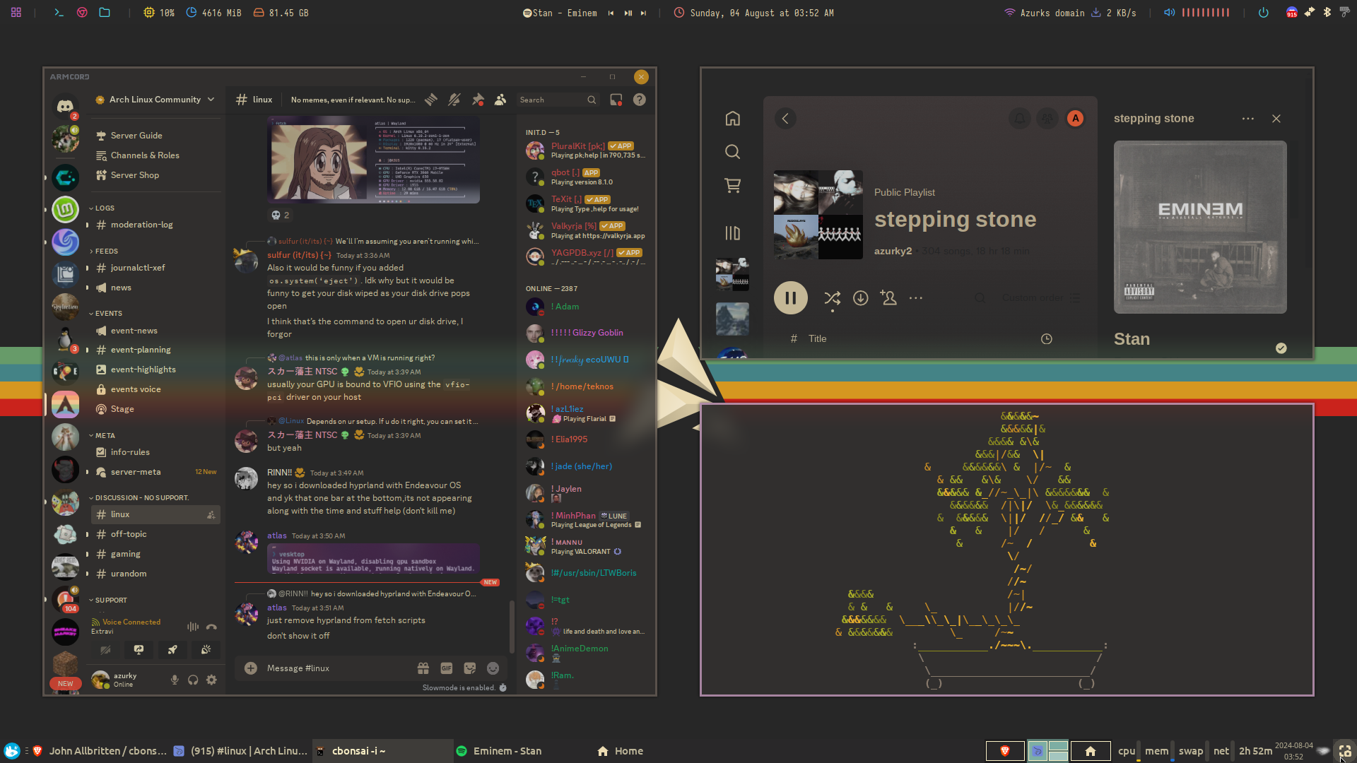 Xfce desktop with Gruvbox theme, i3 window manager, and a terminal showing neofetch and unimatrix digital rain