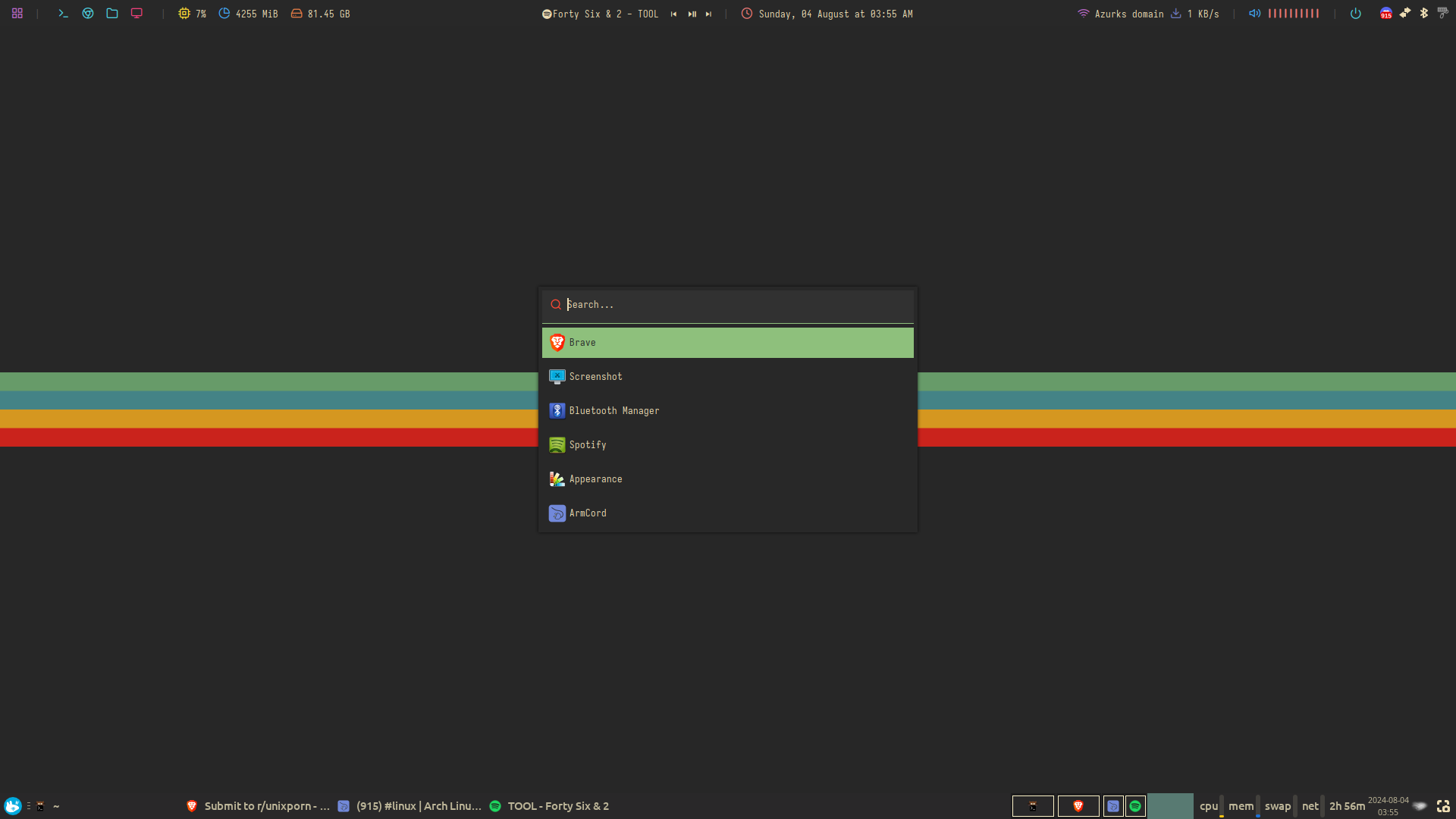 Xfce desktop with Gruvbox theme, i3 window manager, and a terminal showing neofetch and unimatrix digital rain