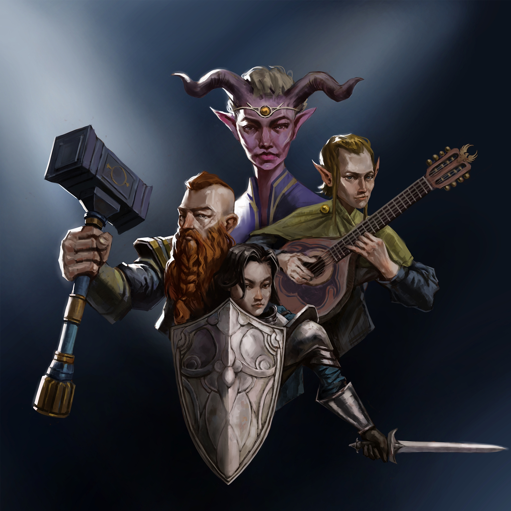 Character art by KARIM featuring a fantasy party, a woman in gold armor, a dwarf warrior, and a goblin with a robot dog