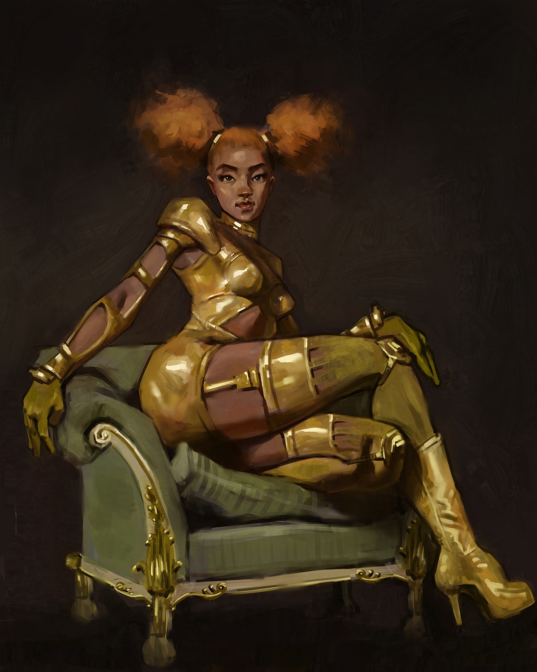 Character art by KARIM featuring a fantasy party, a woman in gold armor, a dwarf warrior, and a goblin with a robot dog