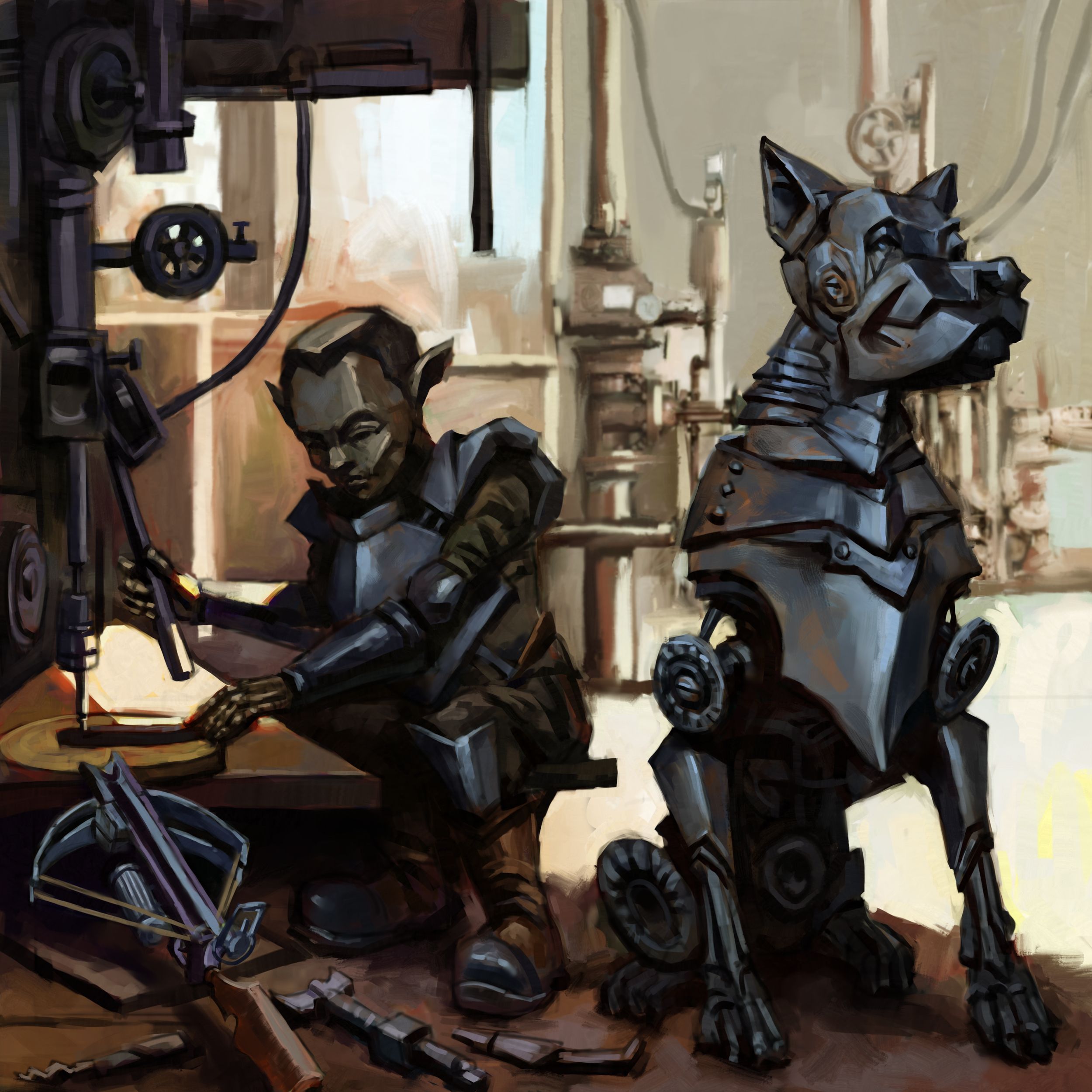 Character art by KARIM featuring a fantasy party, a woman in gold armor, a dwarf warrior, and a goblin with a robot dog