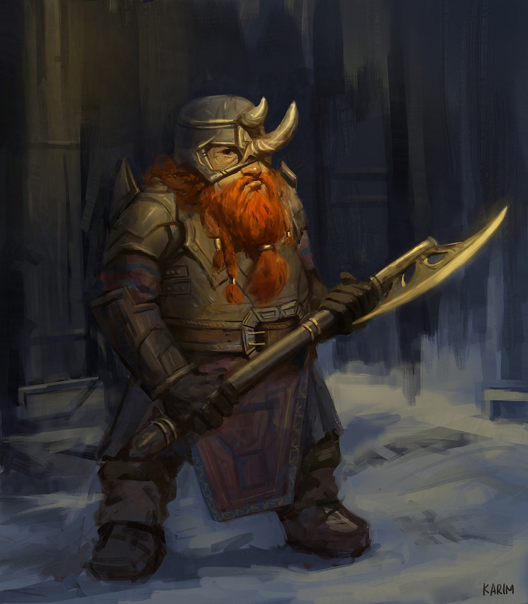 Character art by KARIM featuring a fantasy party, a woman in gold armor, a dwarf warrior, and a goblin with a robot dog