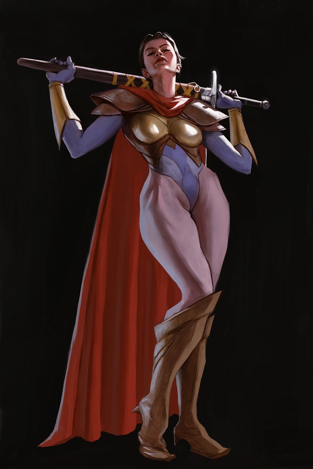 Character art by KARIM featuring a fantasy party, a woman in gold armor, a dwarf warrior, and a goblin with a robot dog