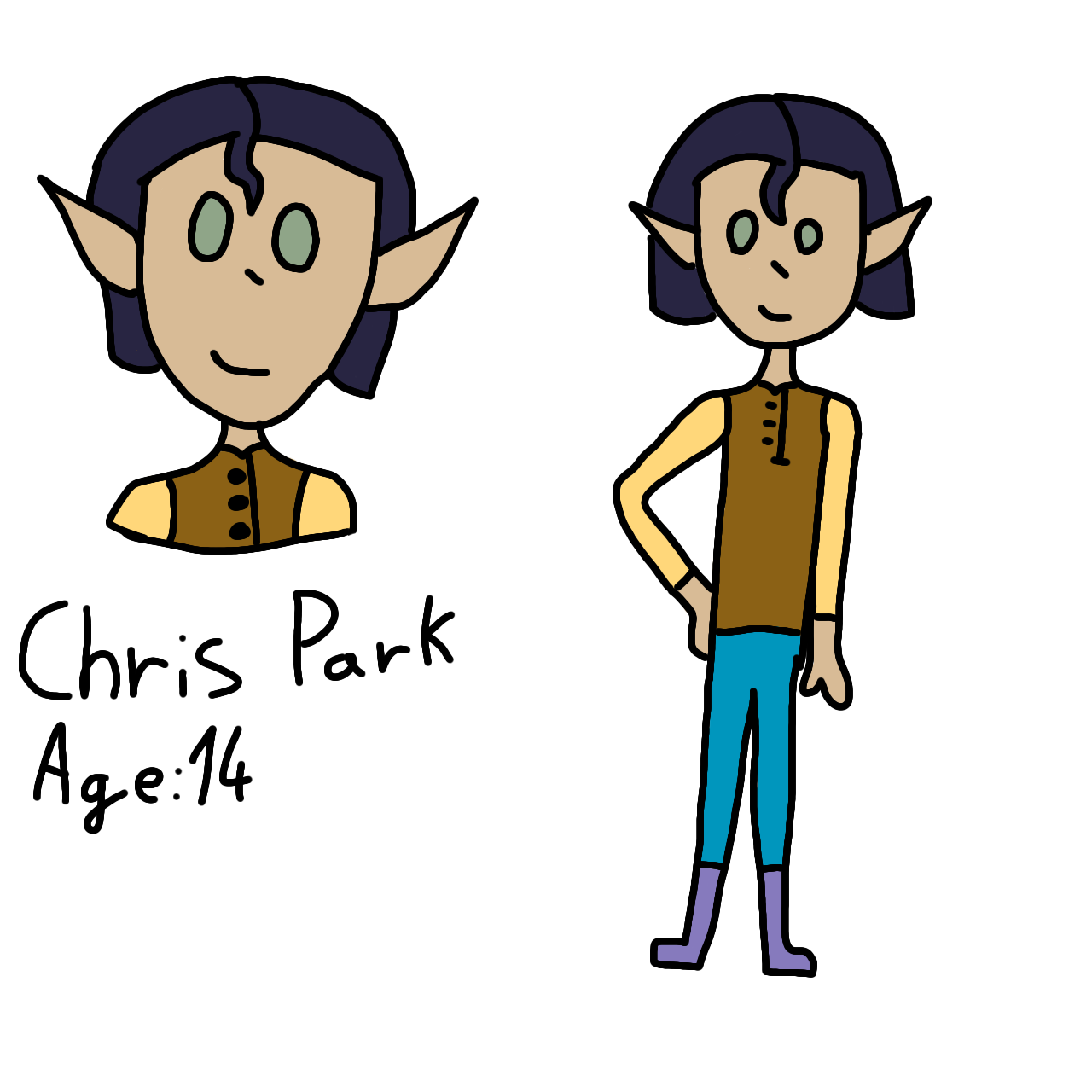 The Owl House fan art character design sheets for Susan Park, Chris Park, and Ari Noceda-Blight with pointed ears