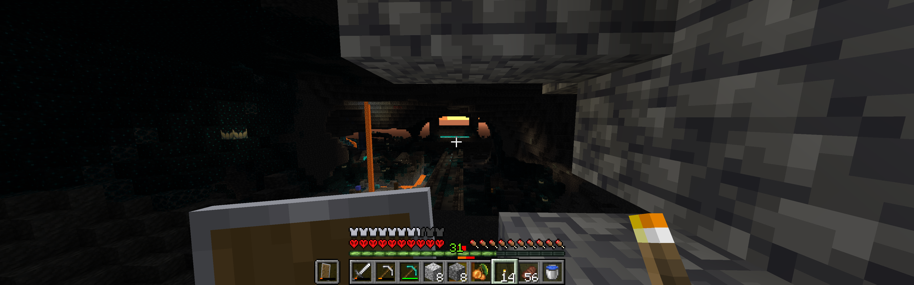 Cursed Minecraft screenshots of a player character in a dark underground cave with the text Yashuul.