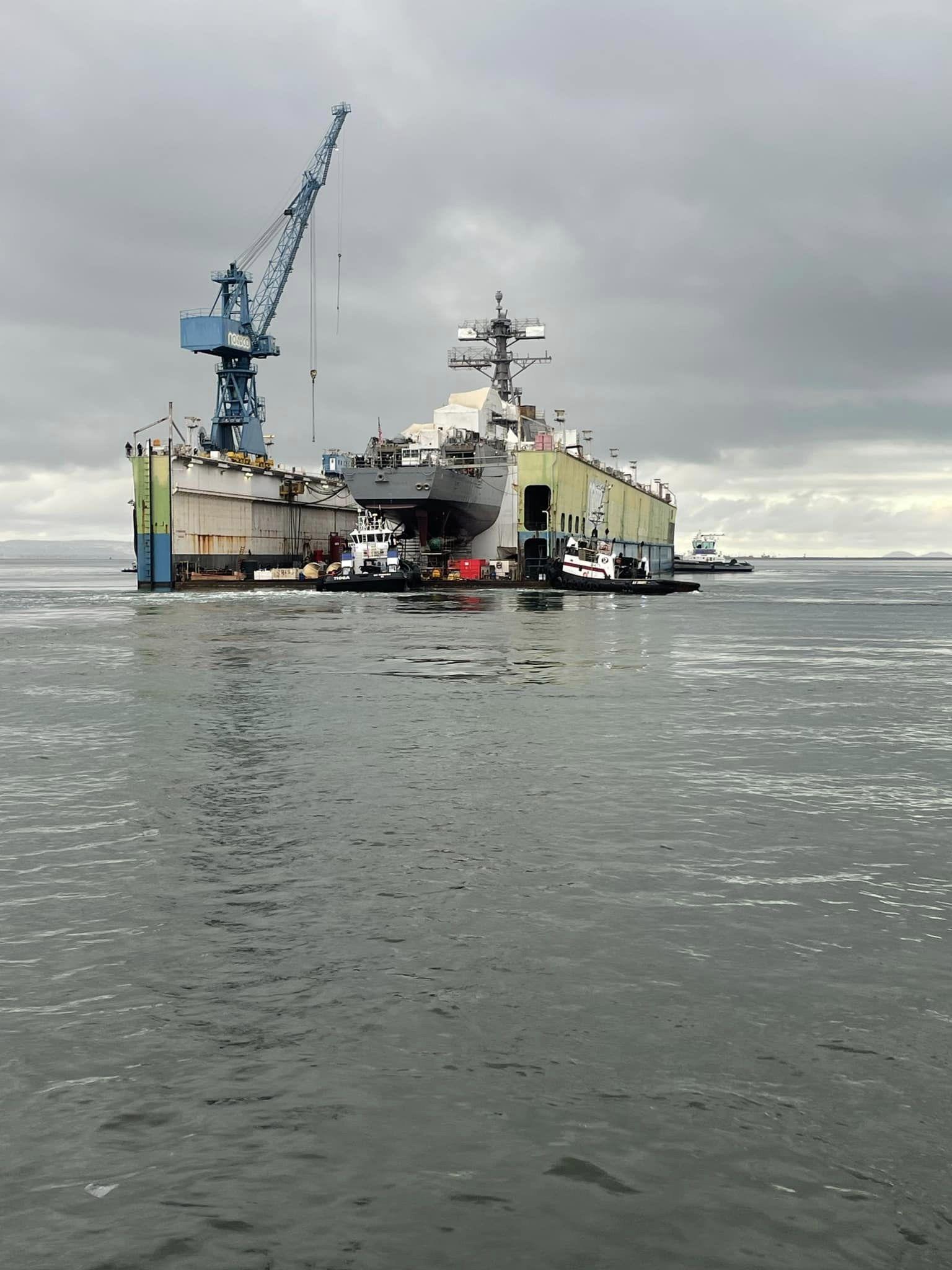 USS Chung-Hoon (DDG-93) shifted berths while in a floating dry dock at NASSCO, San Diego to make room for the launch of a new T-AO ship. Sept 20, 2024. USS Chung Hoon is getting AN/SLQ-32(V)7 SEWIP Block 3 and other major upgrades [1536 x 2048]