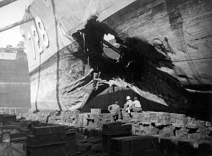 USS Mansfield (DD-728) drydocked in Sasebo, Japan, after hitting a mine near Wonsan, Korea, on September 30, 1950. It received a temporary bow before heading to Puget Sound Naval Shipyard in Washington for permanent repairs. NavalHistoria on FB [987x678]
