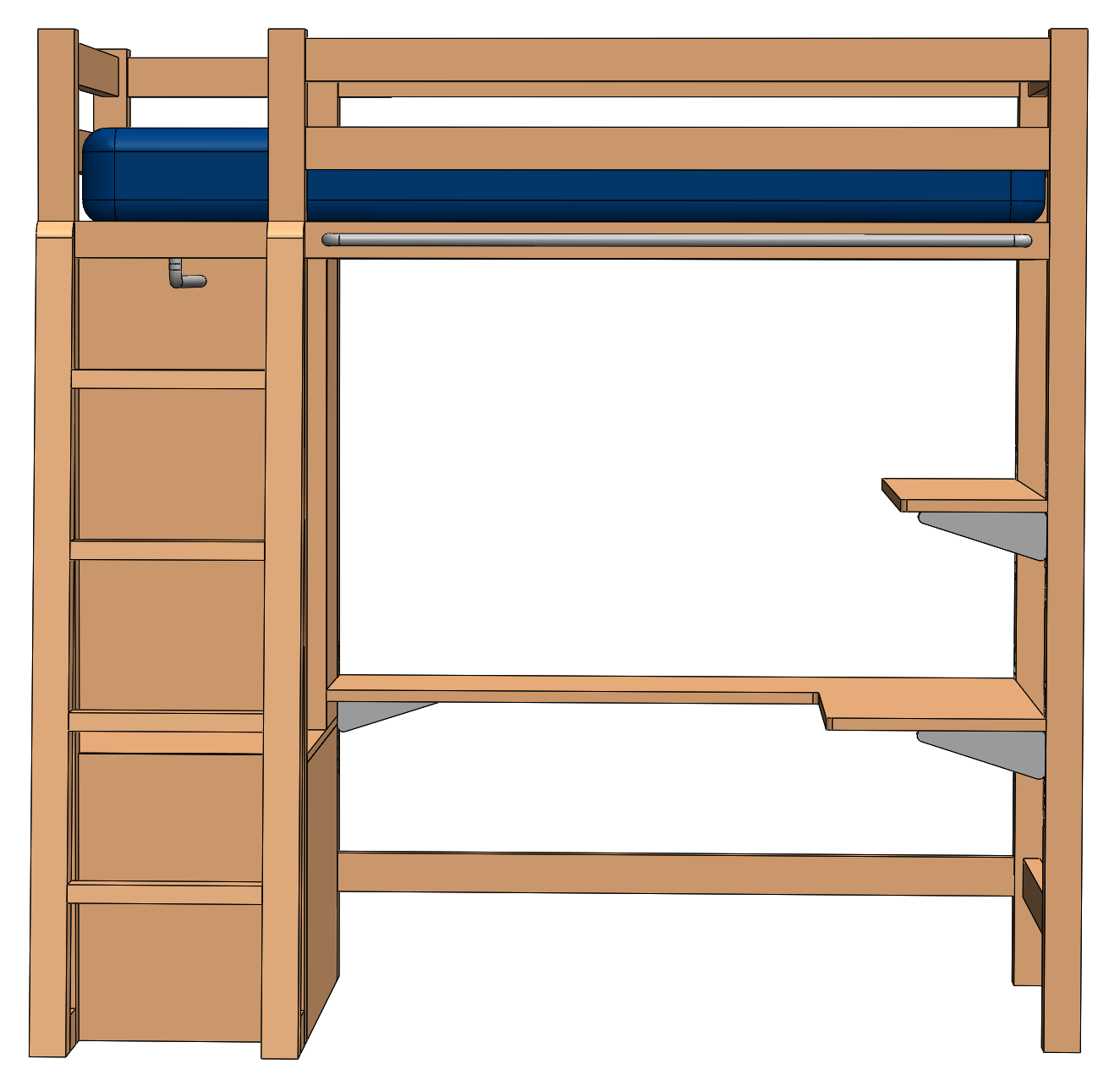 Wooden loft bed design with integrated storage drawers and a ladder for a woodworking thesis project