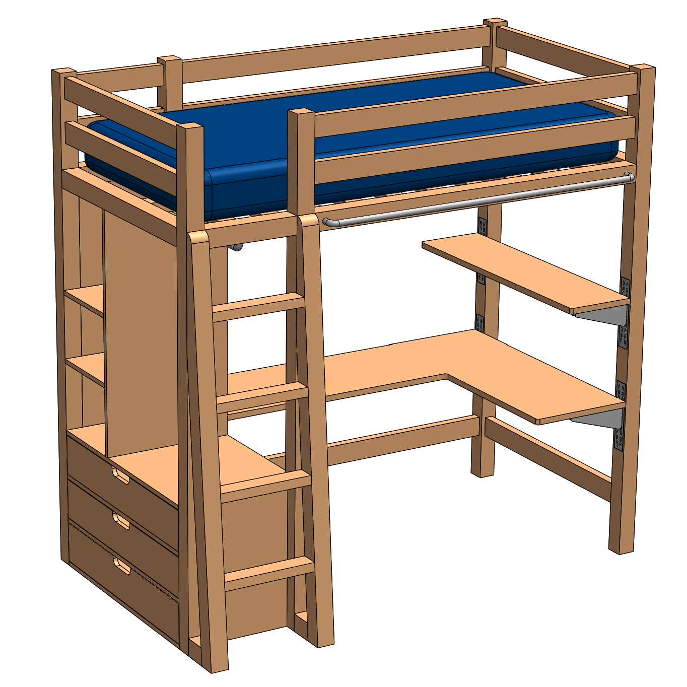 Wooden loft bed design with integrated storage drawers and a ladder for a woodworking thesis project
