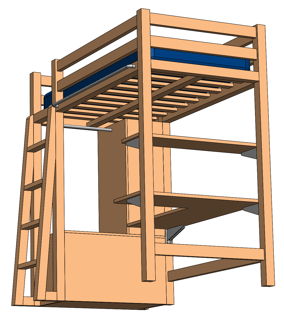 Wooden loft bed design with integrated storage drawers and a ladder for a woodworking thesis project