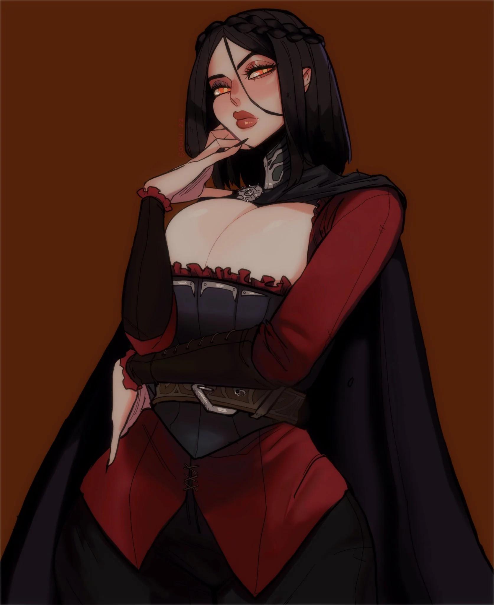 Busty goth vampire princess with dark braided hair receiving a blowjob and facial cumshot