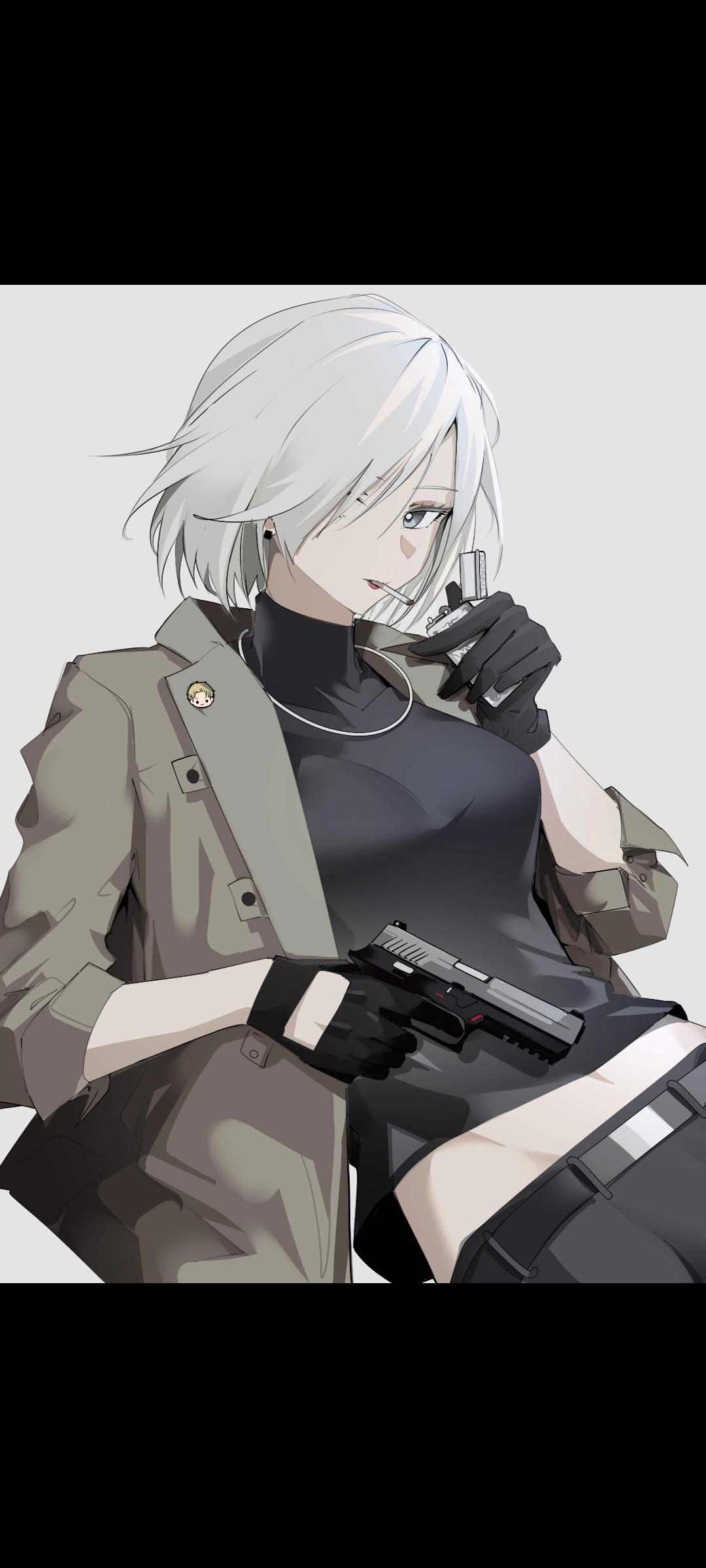 Anime art of a slim white-haired woman in a beige trench coat and black dress holding a handgun and a lighter