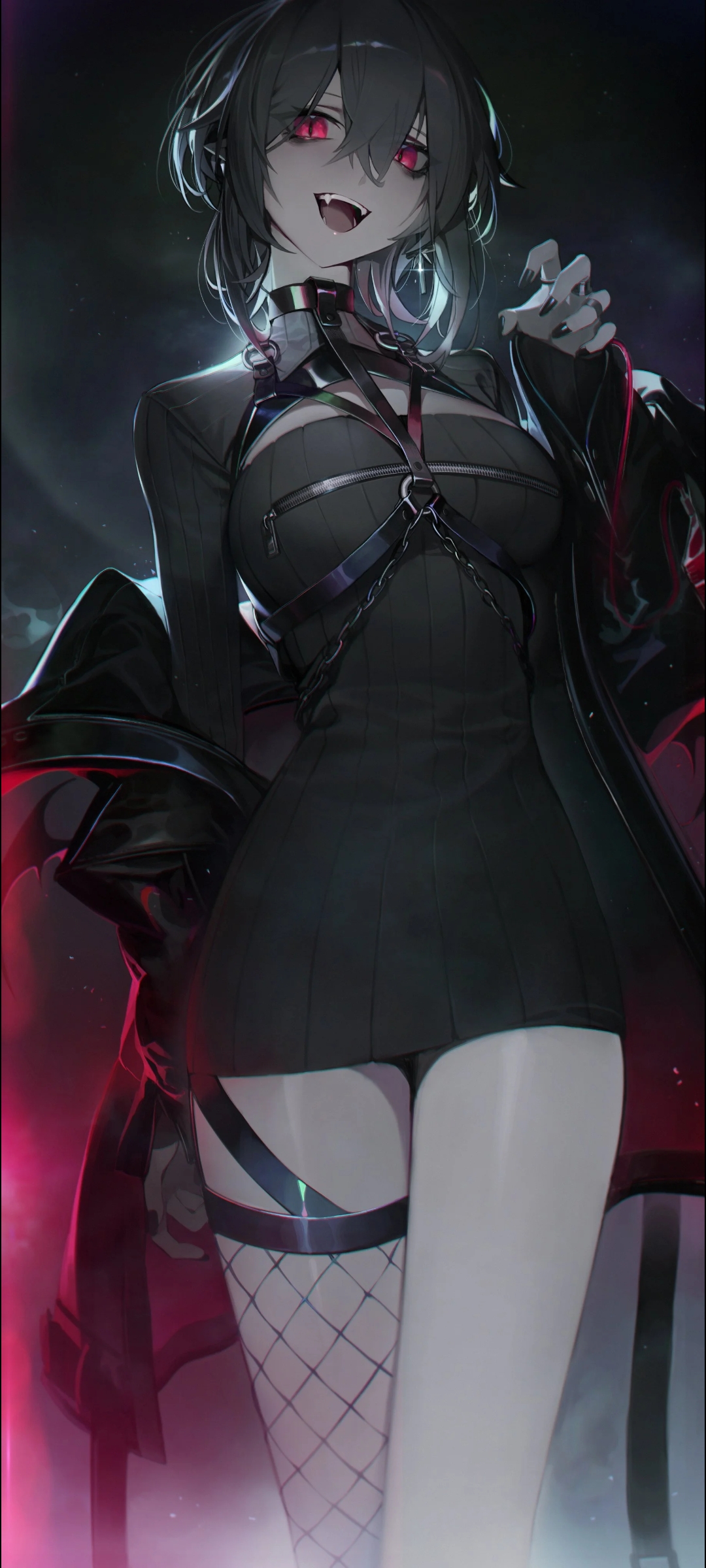 Anime art of a slim white-haired woman in a beige trench coat and black dress holding a handgun and a lighter