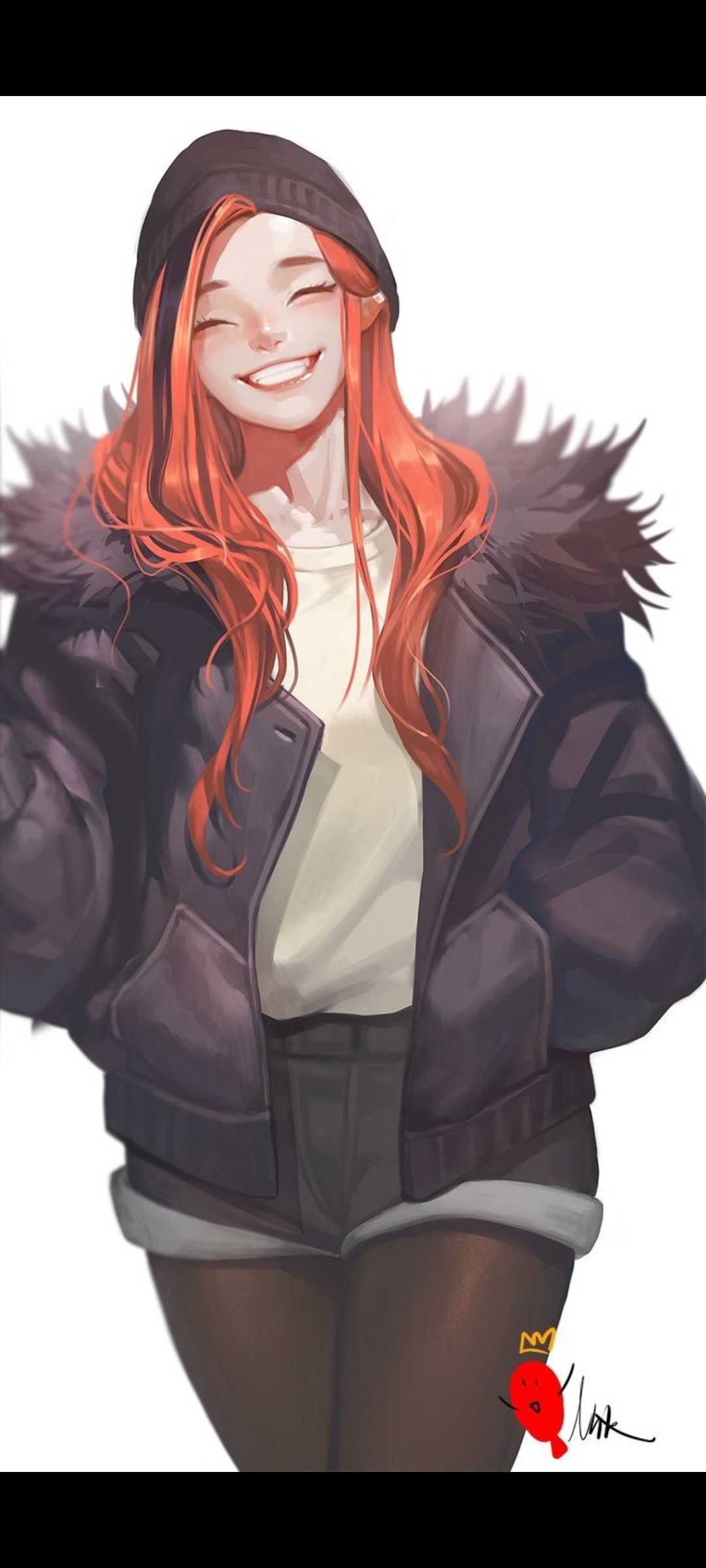 Anime art of a slim white-haired woman in a beige trench coat and black dress holding a handgun and a lighter