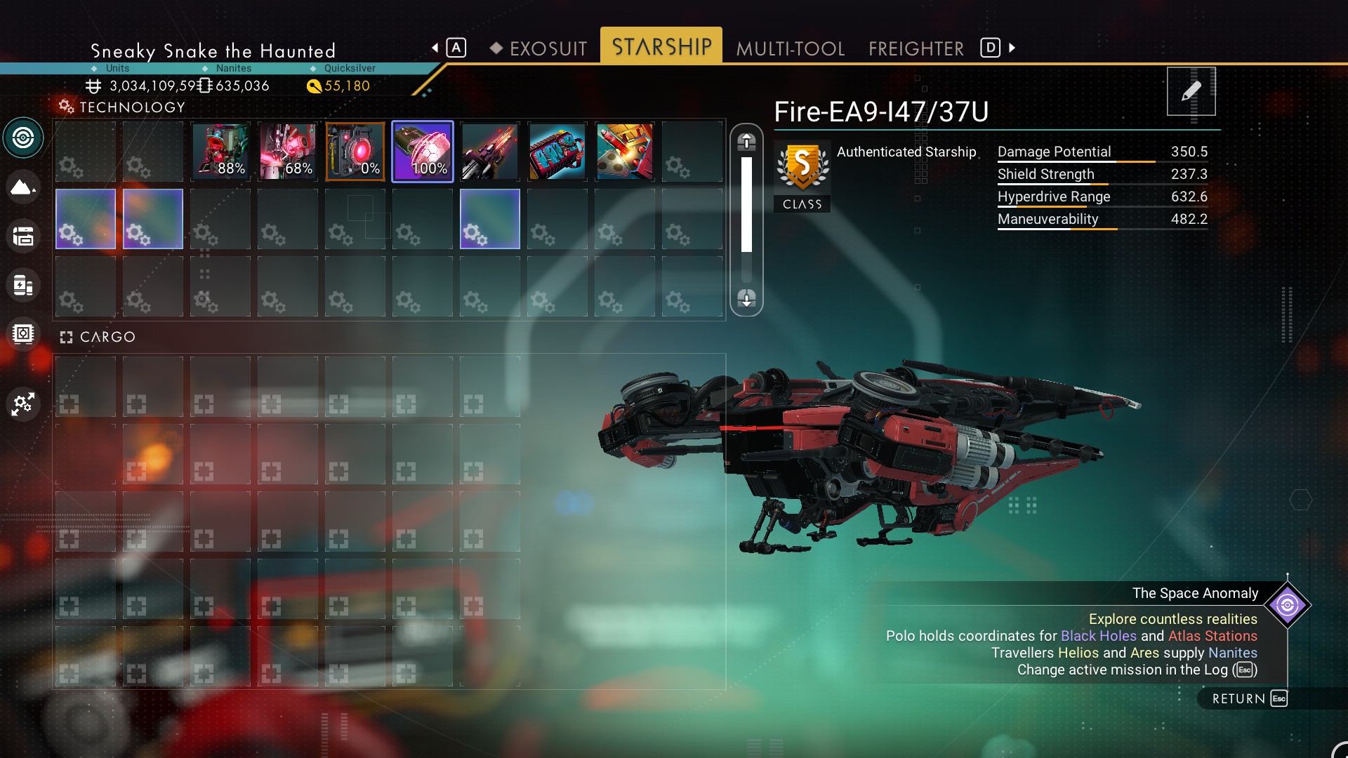 Red and white S-Class Interceptor spaceship with a stinger long spine tail in the Euclid Galaxy