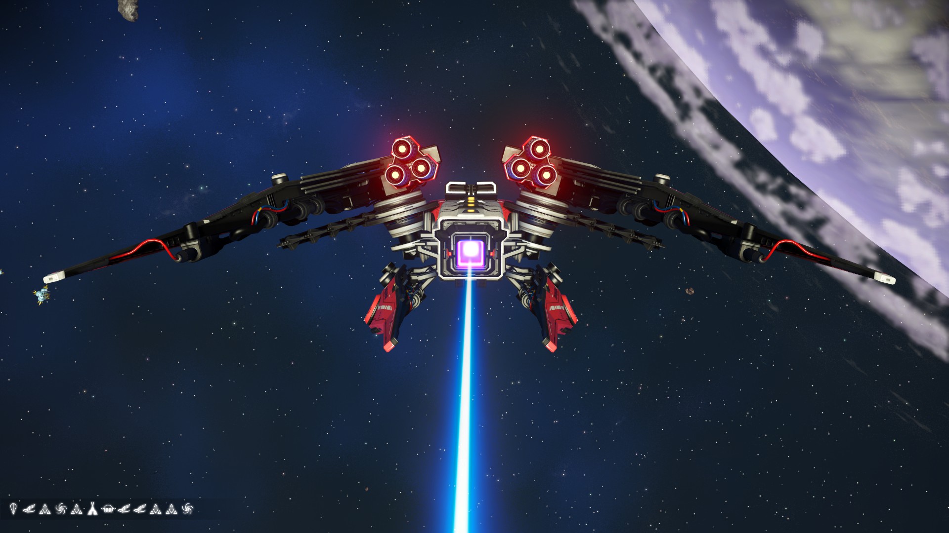 Red and white S-Class Interceptor spaceship with a stinger long spine tail in the Euclid Galaxy