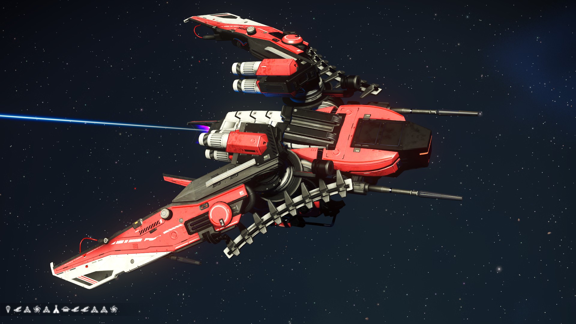 Red and white S-Class Interceptor spaceship with a stinger long spine tail in the Euclid Galaxy