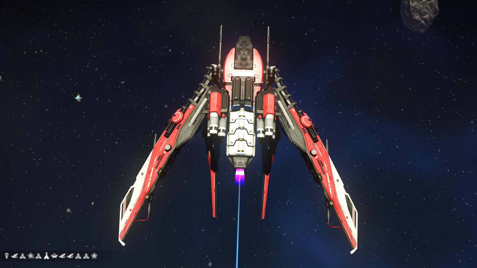 Red and white S-Class Interceptor spaceship with a stinger long spine tail in the Euclid Galaxy