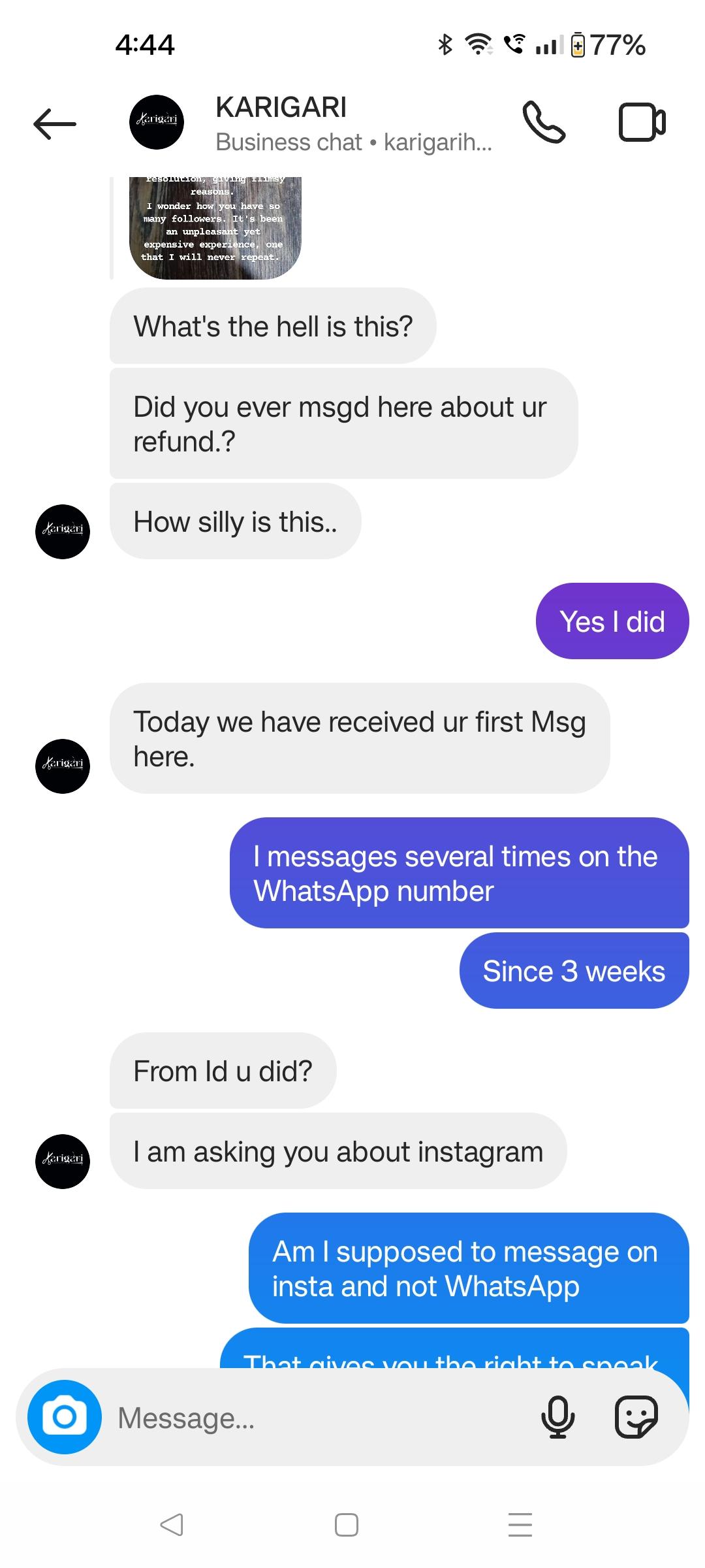 WhatsApp chat screenshots between a customer and Karigari business account regarding a refund dispute in Hyderabad