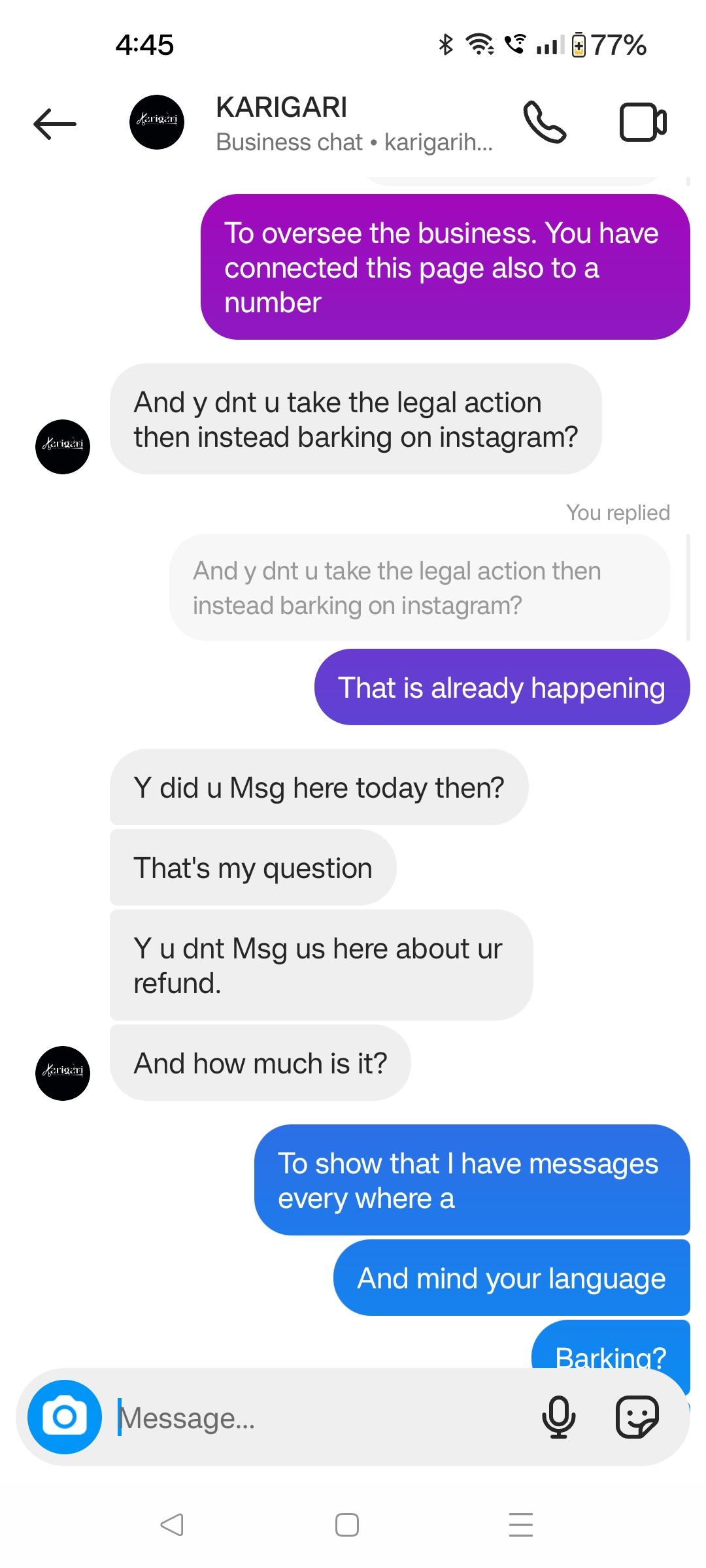 WhatsApp chat screenshots between a customer and Karigari business account regarding a refund dispute in Hyderabad