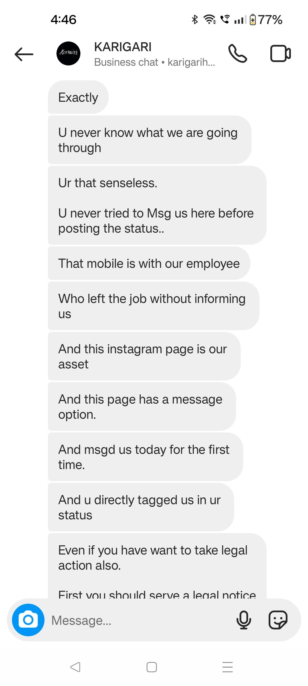 WhatsApp chat screenshots between a customer and Karigari business account regarding a refund dispute in Hyderabad
