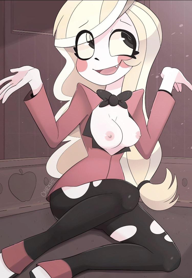 Hazbin Hotel fan art of Angel Dust and Alastor, featuring busty anthropomorphic demons in various pinup styles.