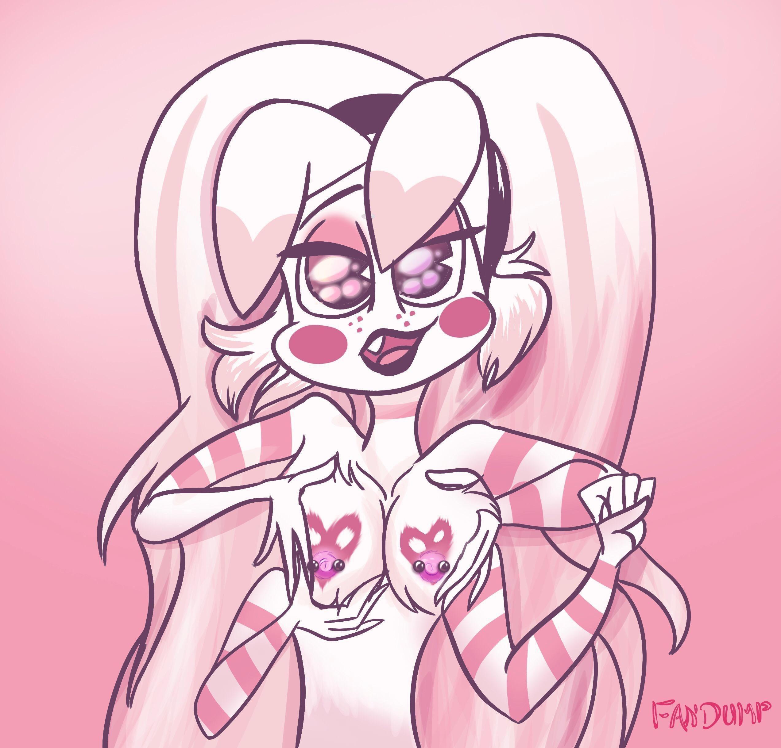 Hazbin Hotel fan art of Angel Dust and Alastor, featuring busty anthropomorphic demons in various pinup styles.