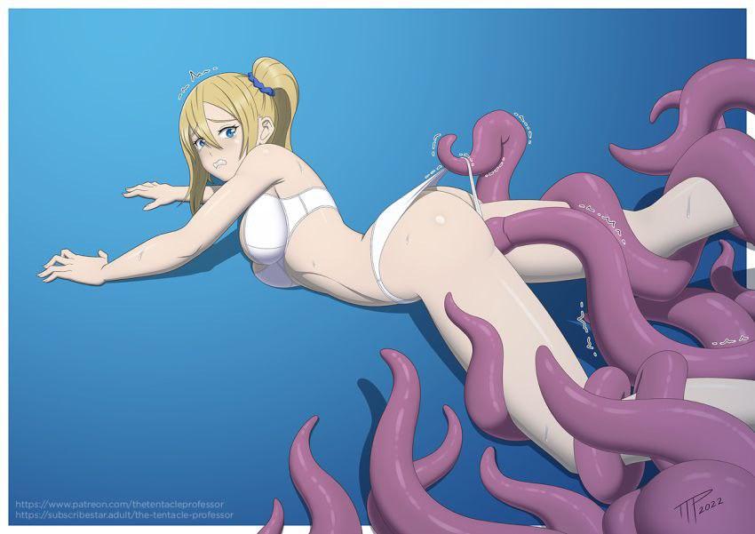 Anime girls with various hair colors and outfits being entwined by tentacles in NTR style art.