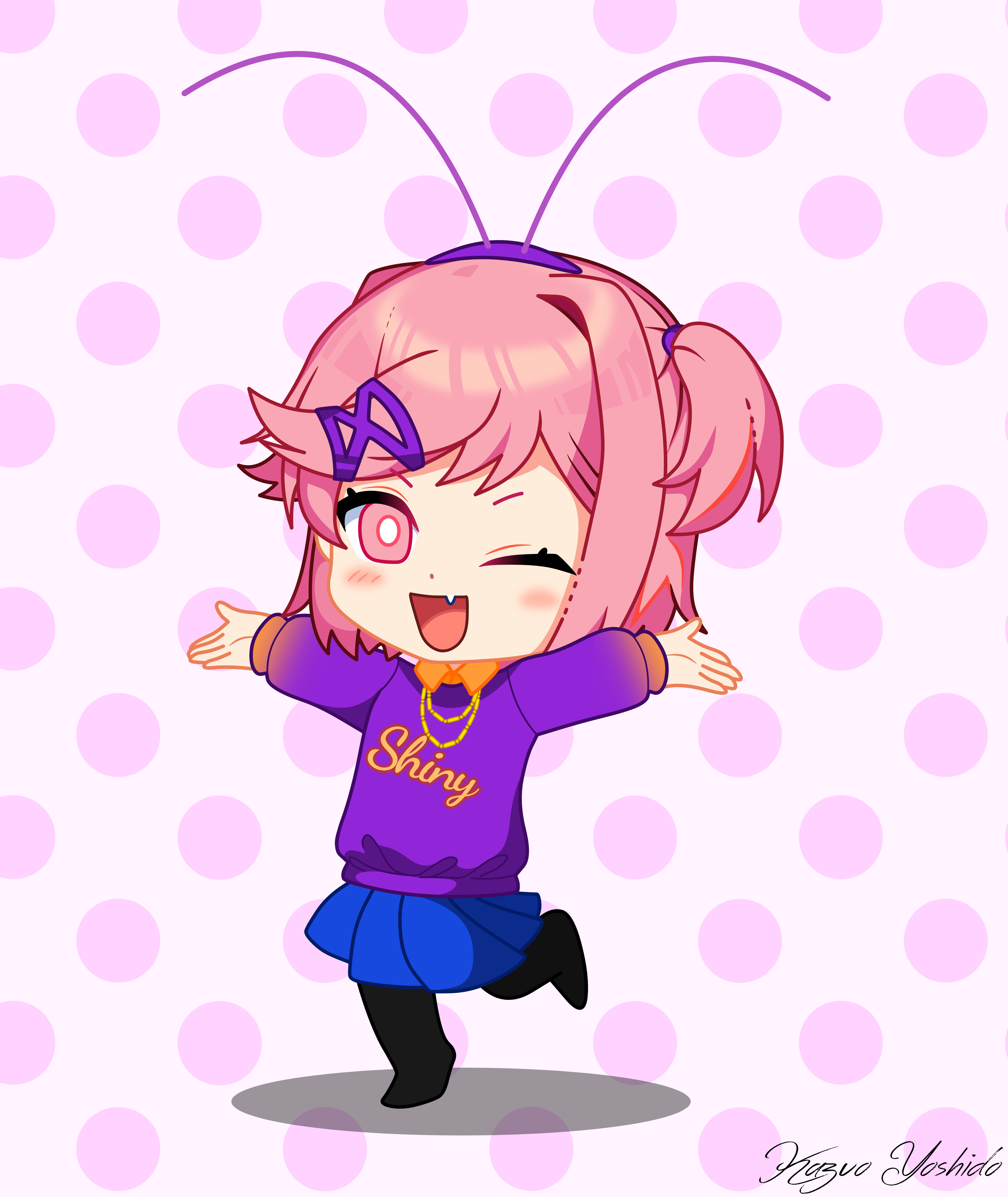 Natsuki from DDLC as Tamatoa, a bioluminescent blue and purple crab creature in a dark underwater scene